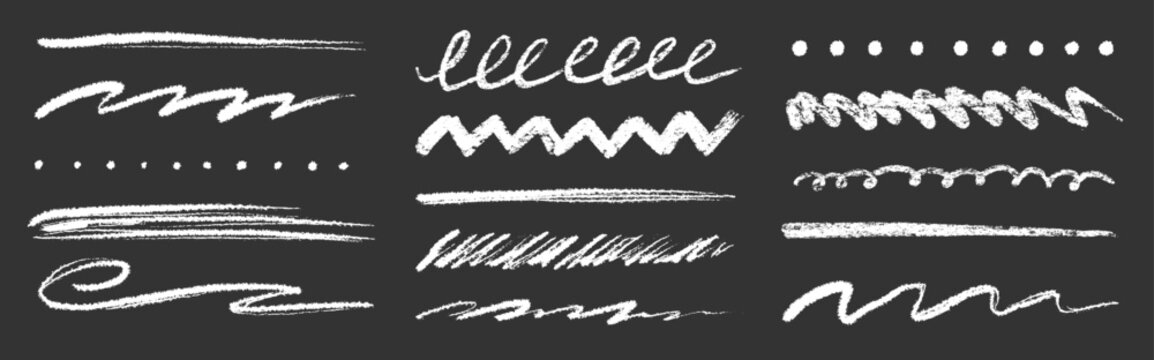 Hand drawn chalk underline brush strokes set on blackboard. Crayon texture brush stroke underline sketch paint for doodle border, pastel chalk pencil paint scratch, squiggle. Vector illustration