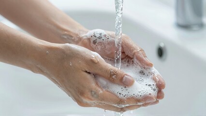 Fototapeta premium Woman washing hands with soap and running water in a sink creating foam