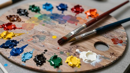 Fototapeta premium Wooden artist's palette with various colors of oil paint and brushes ready for creation
