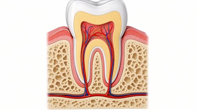 Tooth anatomy cross section dental pulp nerve enamel dentin root canal oral hygiene care illustration concept diagram showing detailed dental anatomy tooth cross section supporting oral hygiene