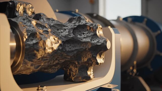 Close-Up of a Metallic Asteroid Fragment With Markings Within Industrial Machinery