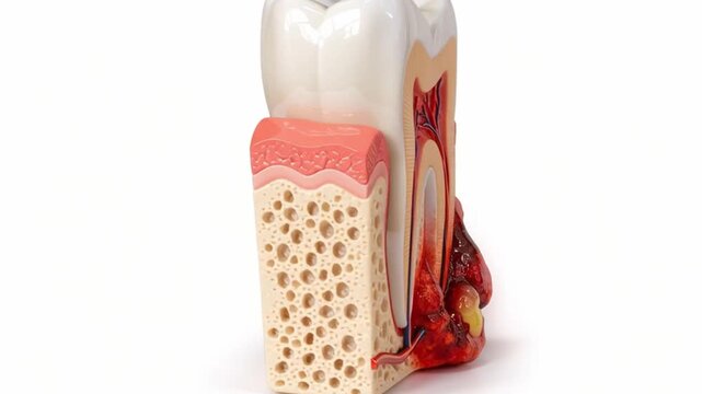 Dental care oral hygiene tooth anatomy medical model showing infected tooth root canal pulp nerve gum disease inflammation abscess infection educational detail realistic illustration
