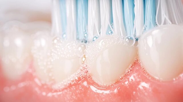 Dental care oral hygiene toothbrush foam closeup cleaning tooth brush bristle focus tooth surface promoting gentle cleaning healthy gum with toothbrush toothpaste foam bubble plaque removal