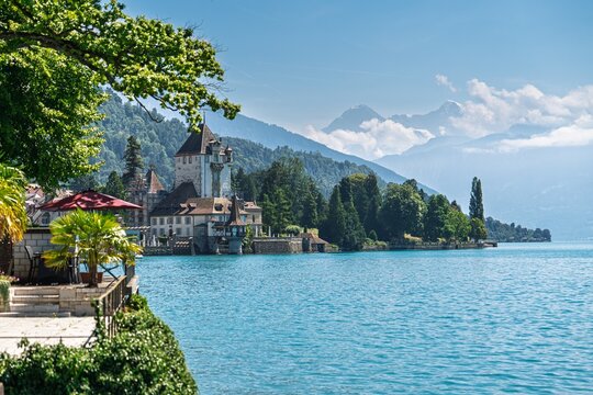Scenic view of Lake Thun featuring Spiez Castle, framed by vibrant greenery and the stunning Swiss Alps. Perfect for travel brochures and tourism promotions, showcasing serene landscapes.