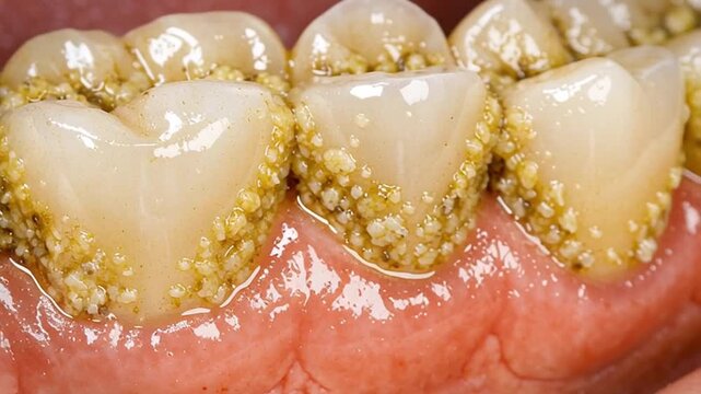 Severe dental plaque care oral hygiene concept closeup of yellow tartar calculus deposit human molar tooth and red gum with unhealthy tooth surface plaque buildup problem gum disease mouth risk