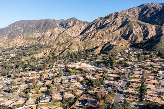 Drone view of empty lots of homes left behind from the Eaton fire, Pacific Palisades. January 2025, a series of 14 destructive wildfires affected the Los Angeles County in California, United States.