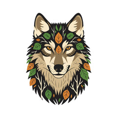 Illustrated Wolf Head with Floral Patterns.