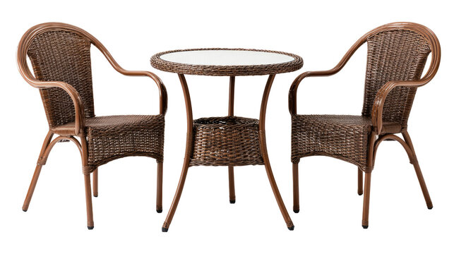 Wicker outdoor furniture set, bistro table and chairs on transparent background