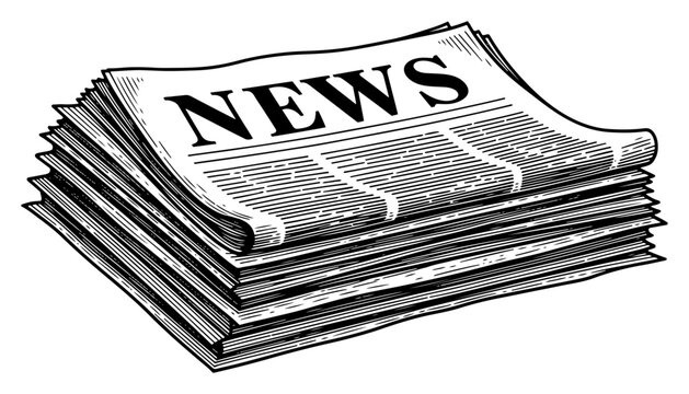 Stack of folded newspapers with news headline in vintage engraving sketch style