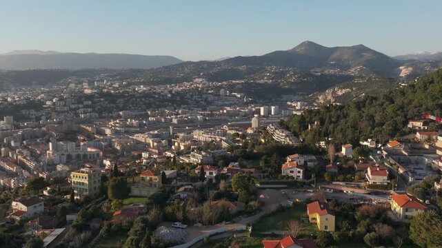 Aerial view of wealthy European suburbs by the coast of France Nice 4K