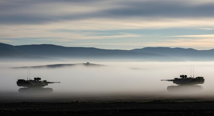 Obraz premium Military tanks maneuver through foggy landscape at dawn with mountains in the background