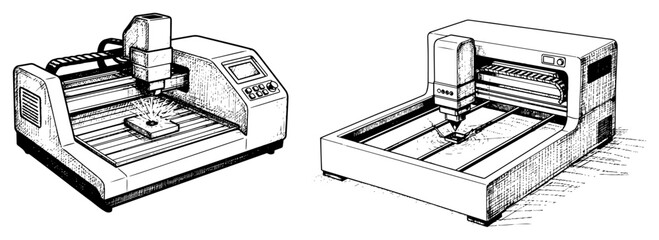 Industrial laser cutter and CNC machine sketch set Vector illustration of manufacturing equipment