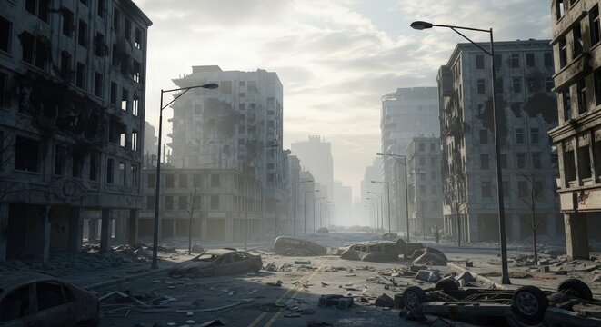 Desolate cityscape with destroyed buildings and debris-filled streets after war viewed from street level