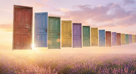 Colorful doors floating over lavender field at sunset surreal