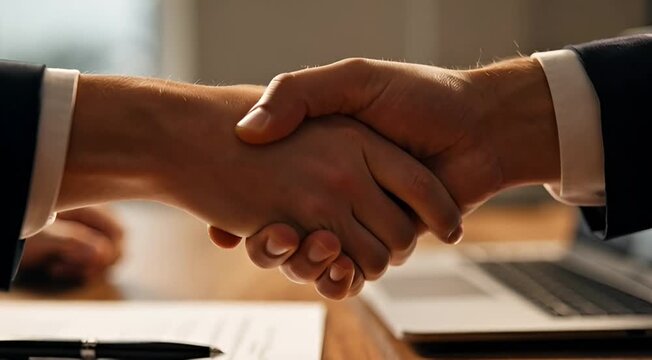 Two business professionals shaking hands over a deal in a modern office setting close-up view