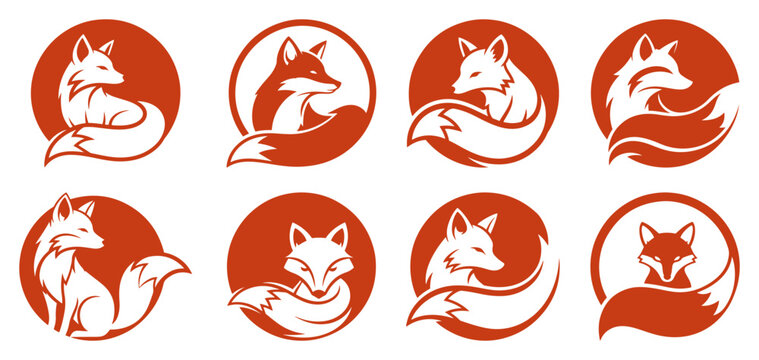 Orange fox silhouette icons set Vector collection of circular animal logos