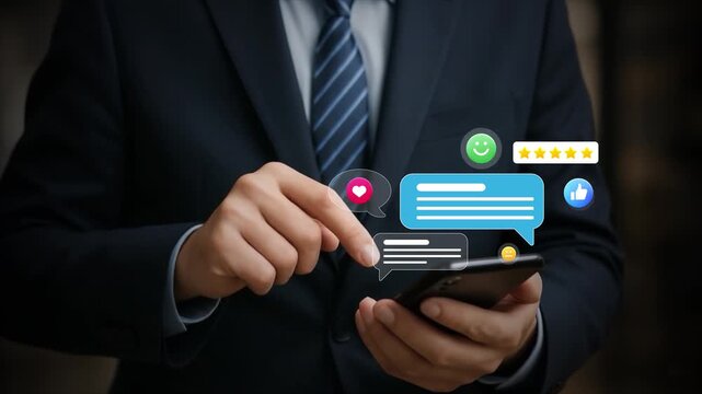 4k, Digital messaging and user review concept showing person typing on mobile device with smile icons, comment bubbles and rating stars in online platform and social engagement for customer satisfacti