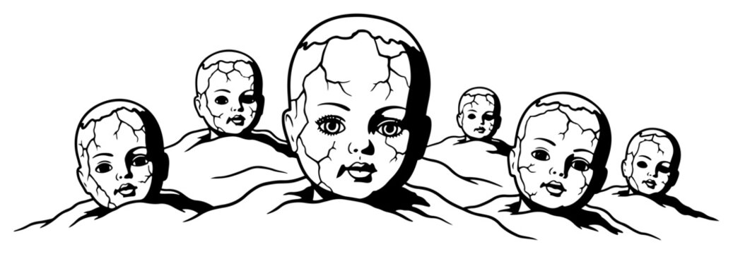 Creepy cracked doll heads emerging from ground sketch Vector surreal horror illustration