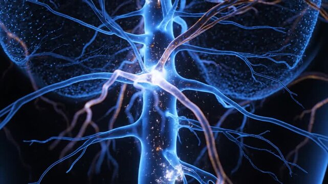 A glowing blue neural network with branching fibers and synaptic connections viewed from a microscopic perspective