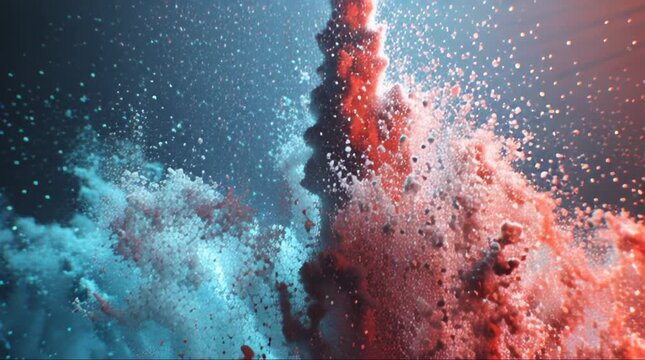 Dynamic Abstract Collision of Blue and Red Ink in Water Creating Vibrant Swirls and Bubbles.