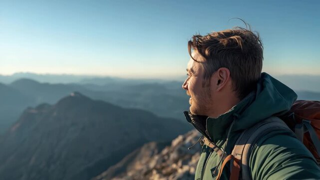 Young hiker smiling on mountain summit at sunrise with backpack and layered jacket panoramic view