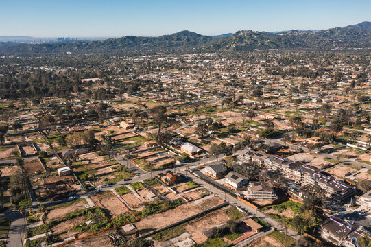 Drone view of empty lots of homes left behind from the Eaton fire, Pacific Palisades. January 2025, a series of 14 destructive wildfires affected the Los Angeles County in California, United States.