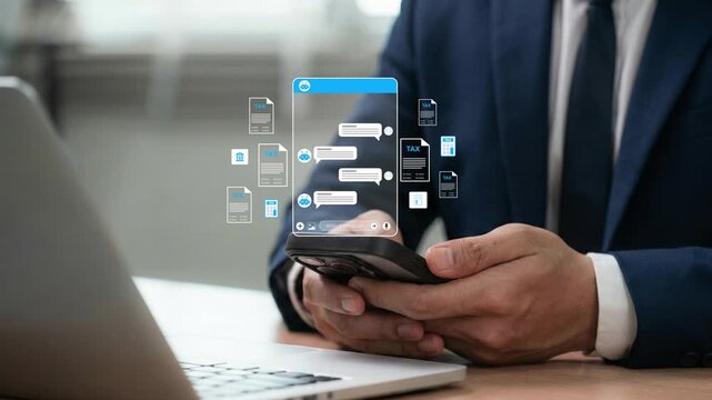 Mobile User Chatting with AI Chatbot for Tax Return Services &ndash; Digital Assistant and Online Filing Support- 4k video clip