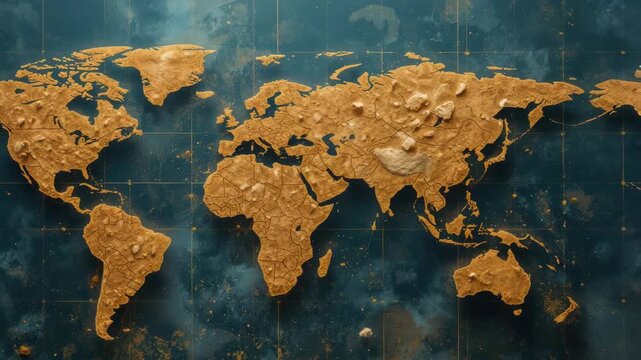 Golden textured world map dark teal background with raised terrain, embossed continents