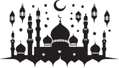 Islamic Ramadan pattern and mosque silhouette set for religious festival design with mosques stars and crescent moons isolated on white background  © Irfan Vector 
