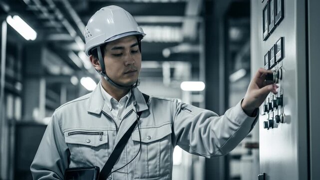 ビルの電気設備を保守点検する作業員
