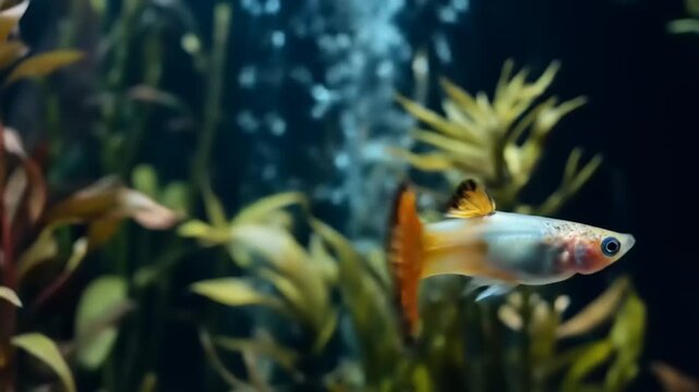 Colorful guppy swimming in aquarium amongst aquatic plants close up