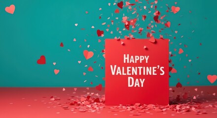 Happy Valentines Day Celebration with Falling Hearts Confetti