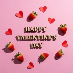 Happy Valentines Day Celebration with Strawberries and Hearts