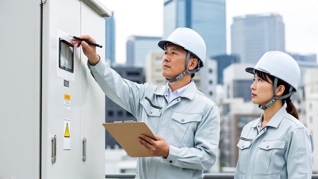 オフィスビルの電気設備を点検する保守作業員