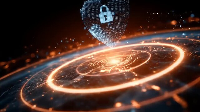 Digital security shield and padlock over globe with futuristic technology