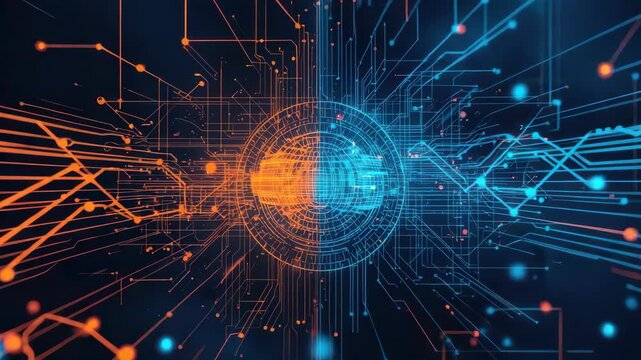 Digital circuit network glowing orange core split by blue streams forming dynamic cybernetic hub