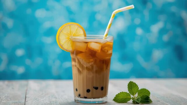 Iced milk tea lemon slice tapioca pearl boba cold beverage iced tea refreshing summer drink with