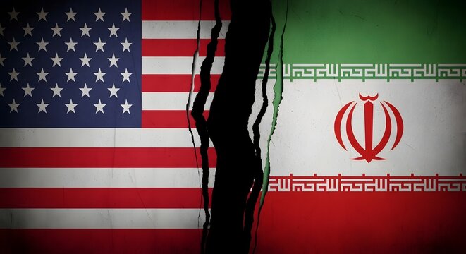 Flags of america and iran with torn fabric divider