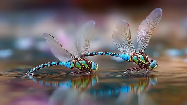 Dragonflies with iridescent wings on water surface close up shot