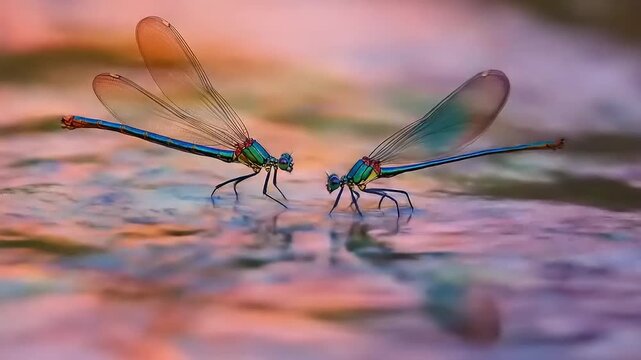 Dragonflies with colorful wings close up in nature