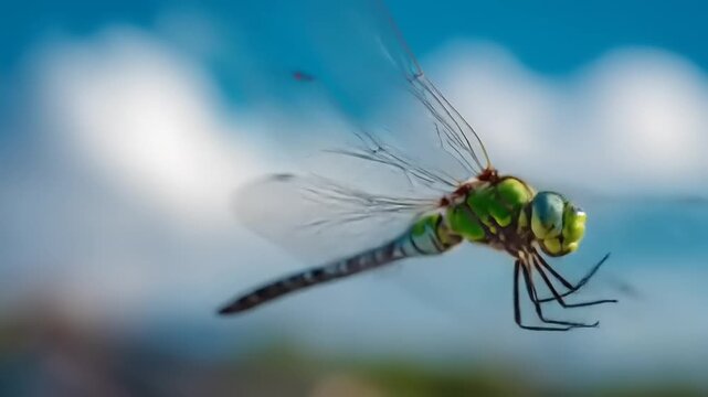 Dragonfly in flight against a blue sky with soft clouds