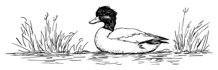 hand drawn duck swimming in pond with grass