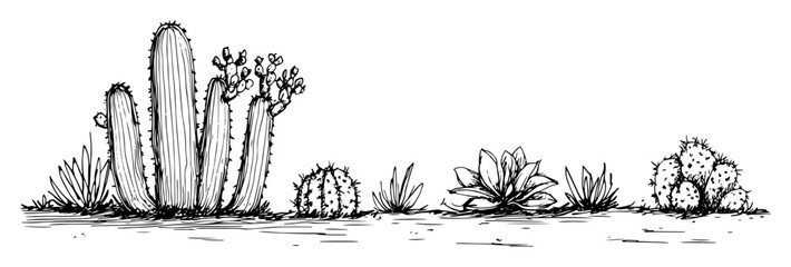variety of cacti in desert landscape sketch © Kaz