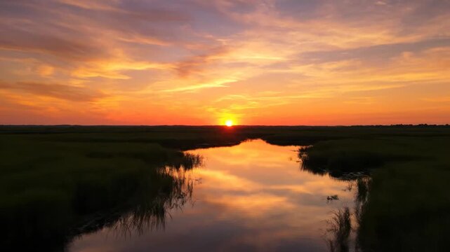 Serene marsh landscape at sunset with calm waters reflecting vibrant sky colors and silhouetted vegetation