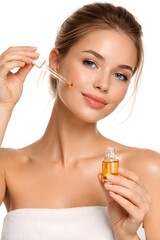 Fototapeta premium Beautiful Woman Applying Facial Serum with Dropper White Background