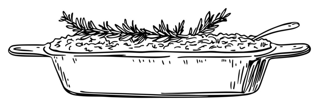 baked dish with herbs casserole sketch