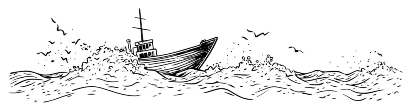 fishing boat in rough sea ink drawing
