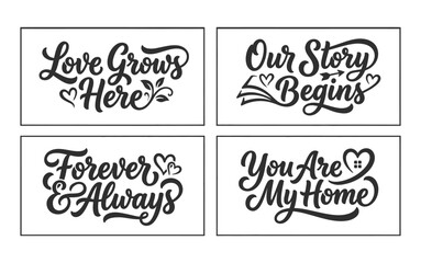 Fototapeta premium Illustration of four love themed quotes with heart designs on white background