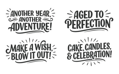Fototapeta premium Birthday wishes and celebration phrases on white background with candles
