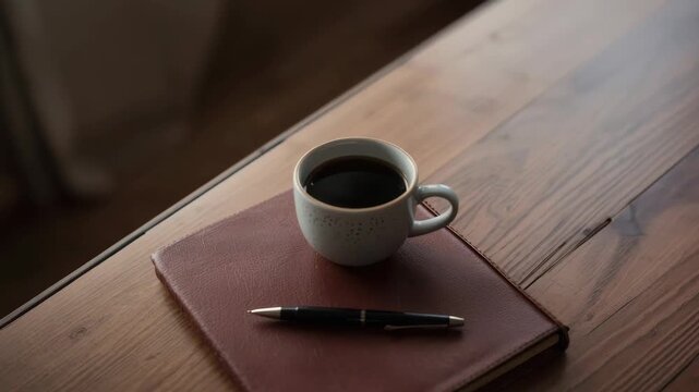 Coffee cup leather notebook pen on wooden table warm cozy morning scene sunlight